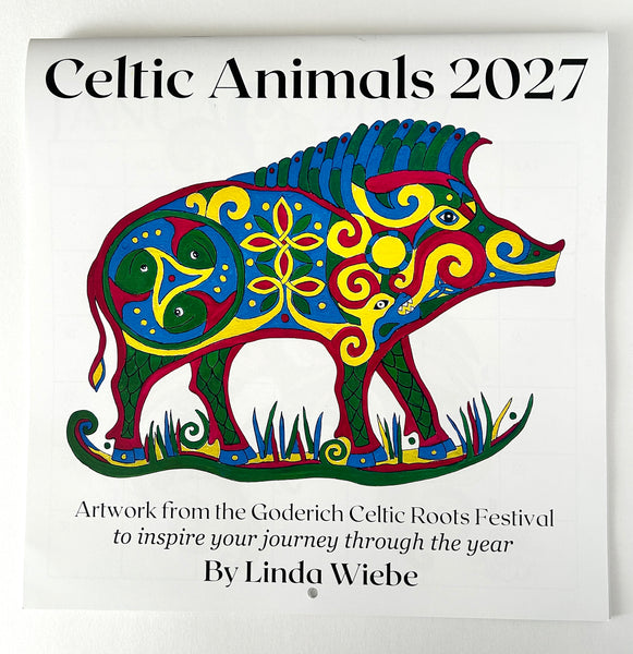 2027 Celtic Animals calendar cover with a hand-painted boar in red, blue, yellow and green Celtic knot work style, by artist Linda Wiebe