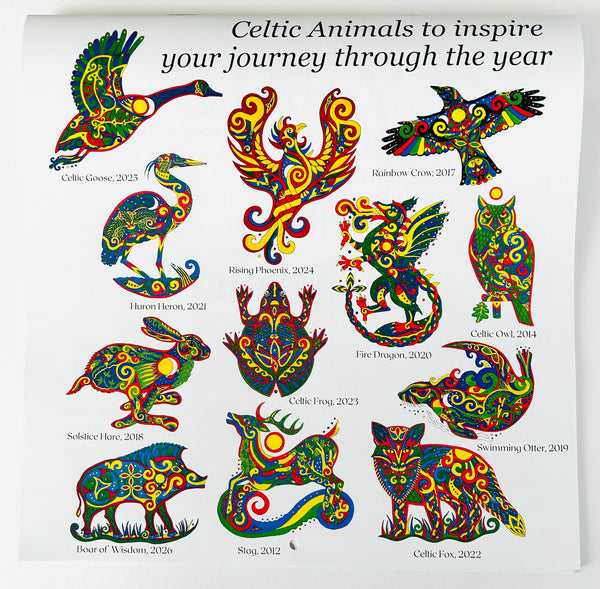 2027 Celtic Animals calendar back cover with 12  hand-painted animals in red, blue, yellow and green Celtic knotwork style, by artist Linda Wiebe